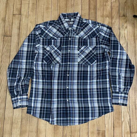 Canyon Guide Outfitters Large Long Sleeve‎ Pearl Snap Blue Plaid Shirt - Picture 1 of 11